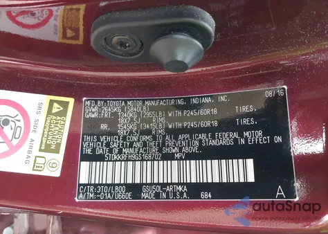 2016 Toyota Highlander Xle V6 из США, поврежденный, VIN 5TDKKRFH9GS168702